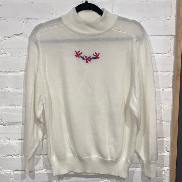 Here’s a Hug “Floral Embroidered White Turtle Neck Sweater” - Picture 1 of 4